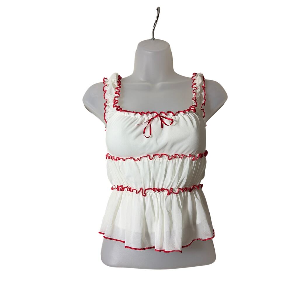 Full Tilt Tillys White Red Riffled Tier Cropped Peplum Tank Top Blouse NEW w tag